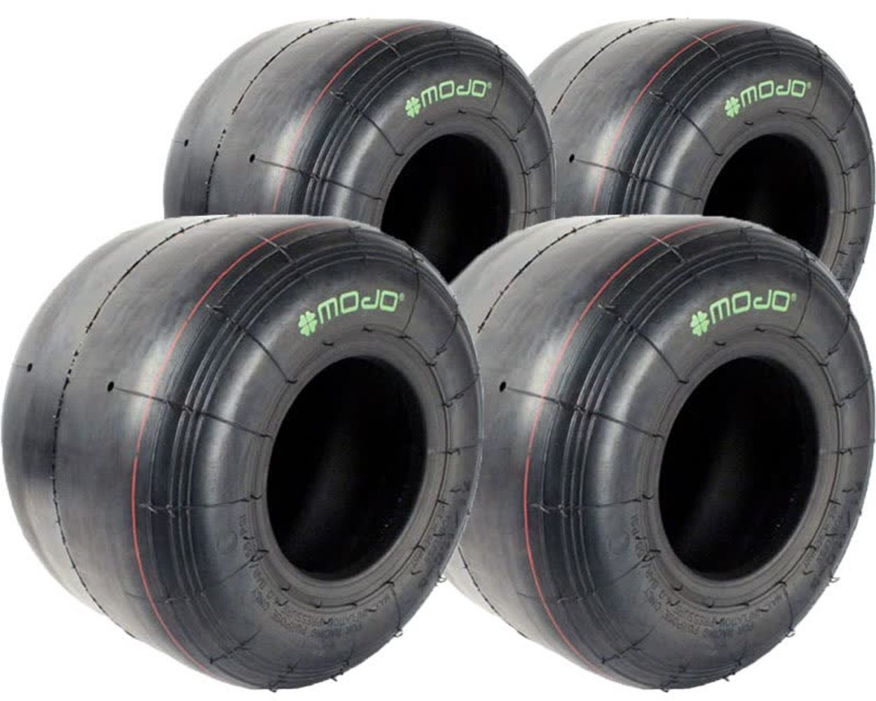 A set of four Mojo D2 XX slick tyres, two for front and two for rear, predominantly black in color with visible branding and tread pattern.