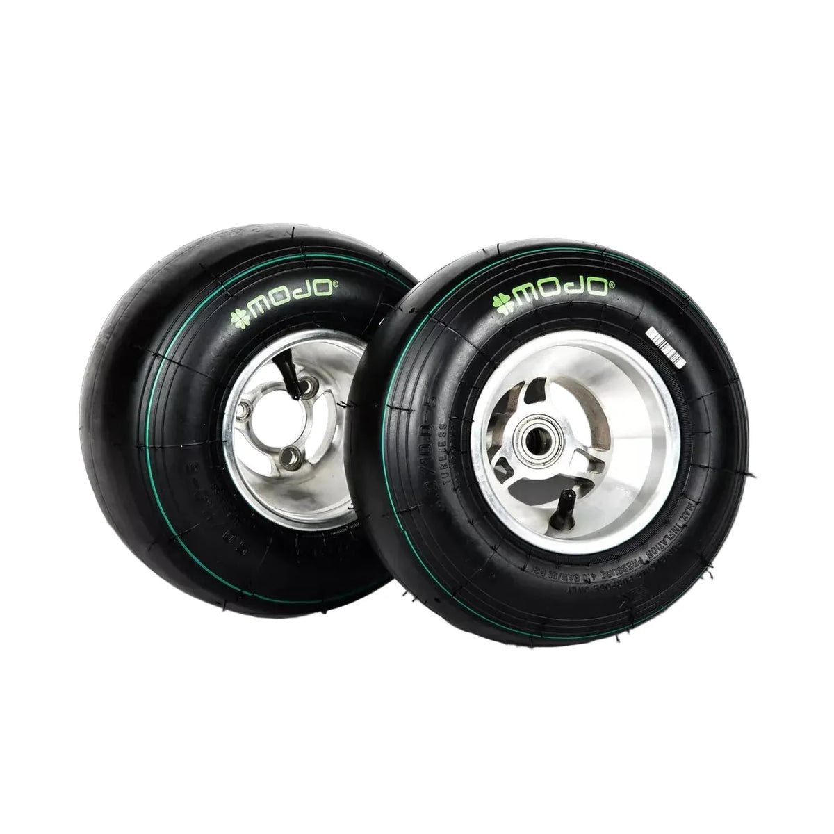 Two black race car tires with visible branding on the sidewall, displayed against a white background.