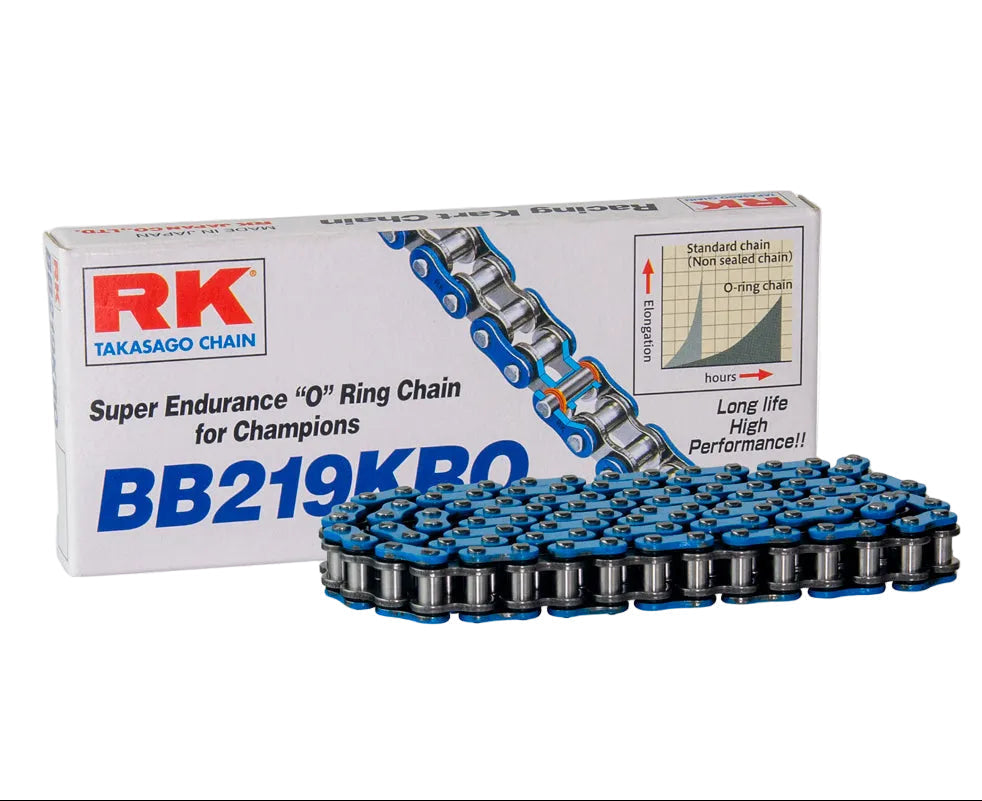RK chain packaging with blue chain on a white background
