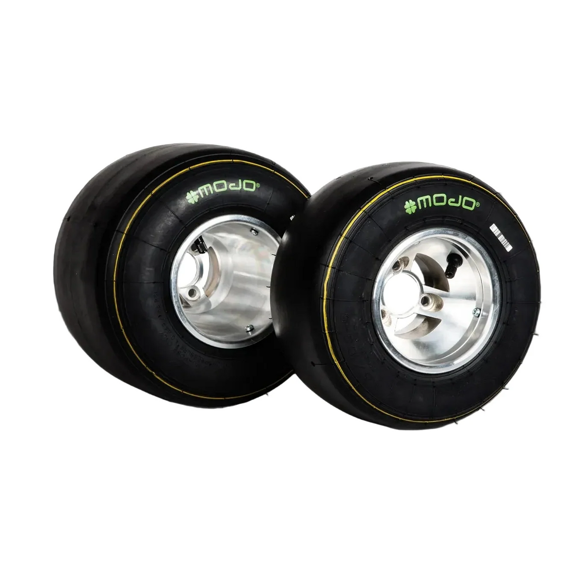 Two black racing slick tyres with visible branding on the sidewall, mounted on silver rims purposes only wheels.